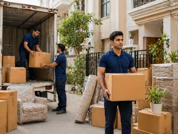 Movers carrying packed boxes for home shifting