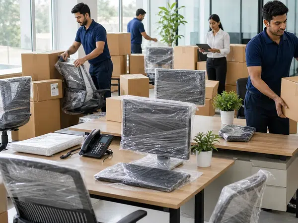Indian movers packing workstations and office furniture for relocation
