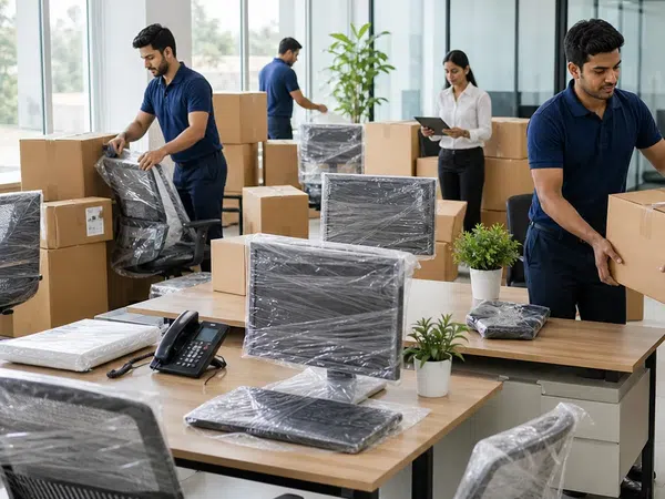 Realistic office relocation packing support with cartons and wrapped workstations